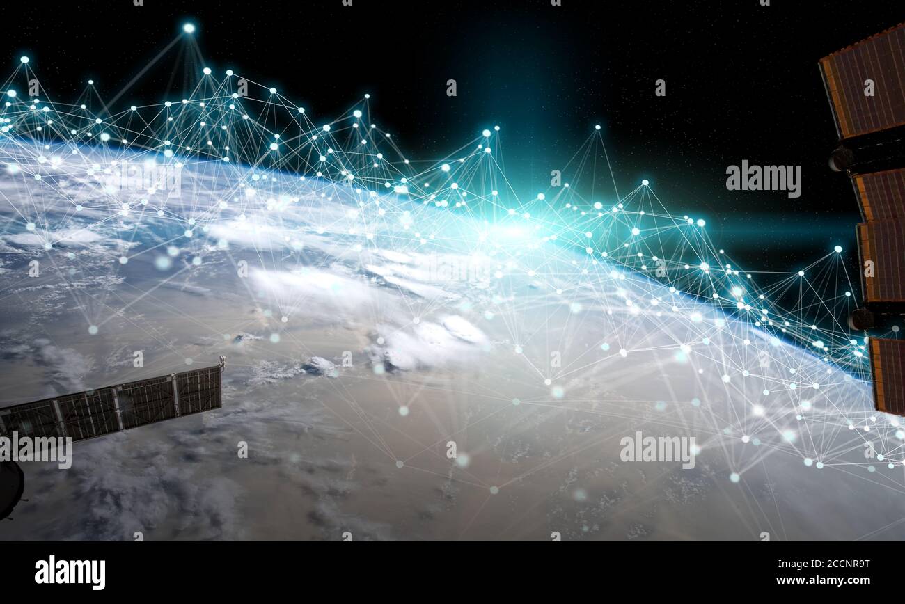 Satellites sending datas exchanges and futuristic connections system over the globe 3D rendering elements of this image furnished by NASA Stock Photo