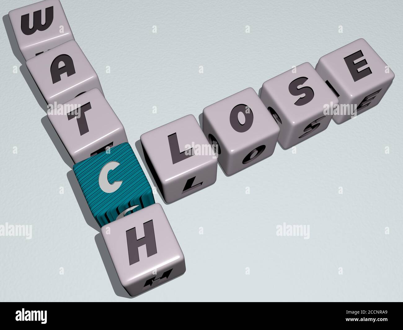 close watch crossword by cubic dice letters 3D illustration Stock