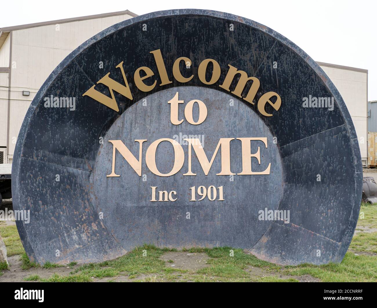 The famous Gold Pan sculpture in Anvil City Square, Nome, Alaska, USA. Stock Photo
