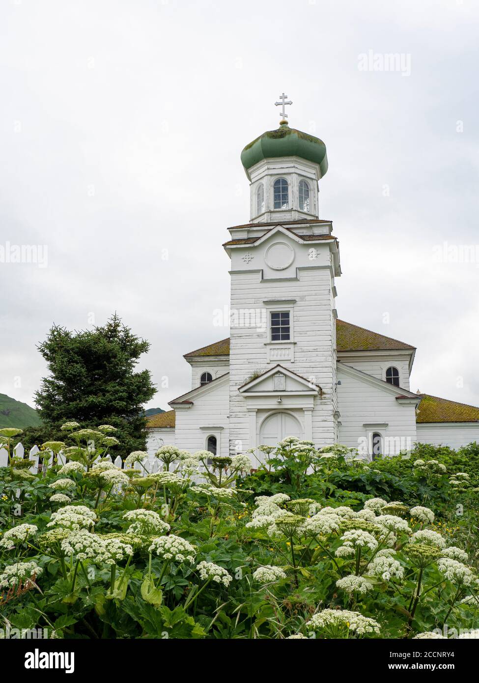 Flowers surround the Church of the Holy Ascension in the community of Unalaska, Alaska. Stock Photo