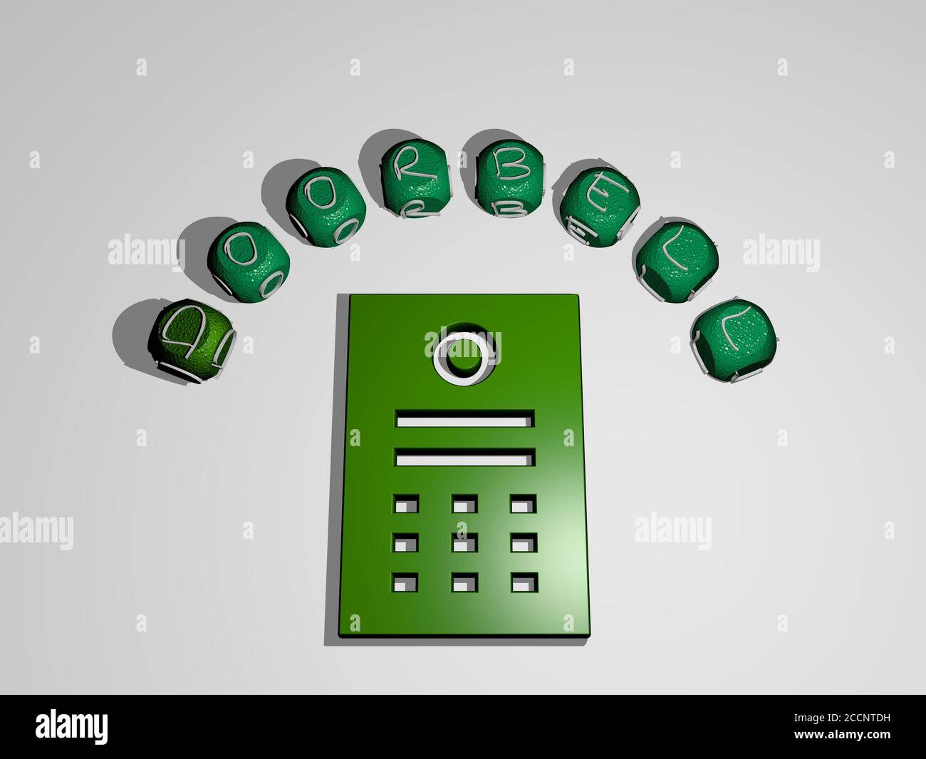doorbell icon surrounded by the text of individual letters, 3D ...