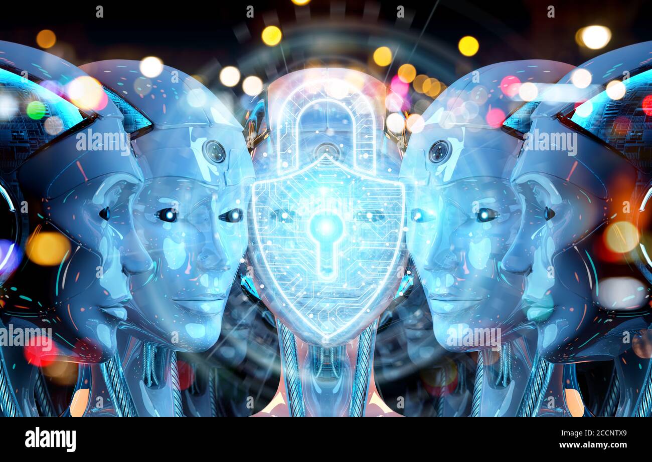 Group of female robots heads using cyber security padlock interface 3d rendering Stock Photo