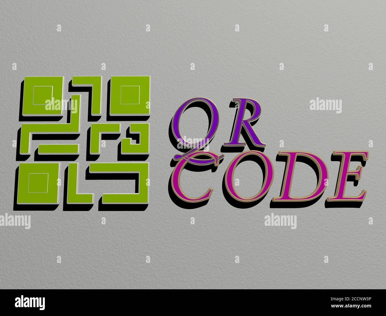 3D illustration of QR CODE graphics and text made by metallic dice