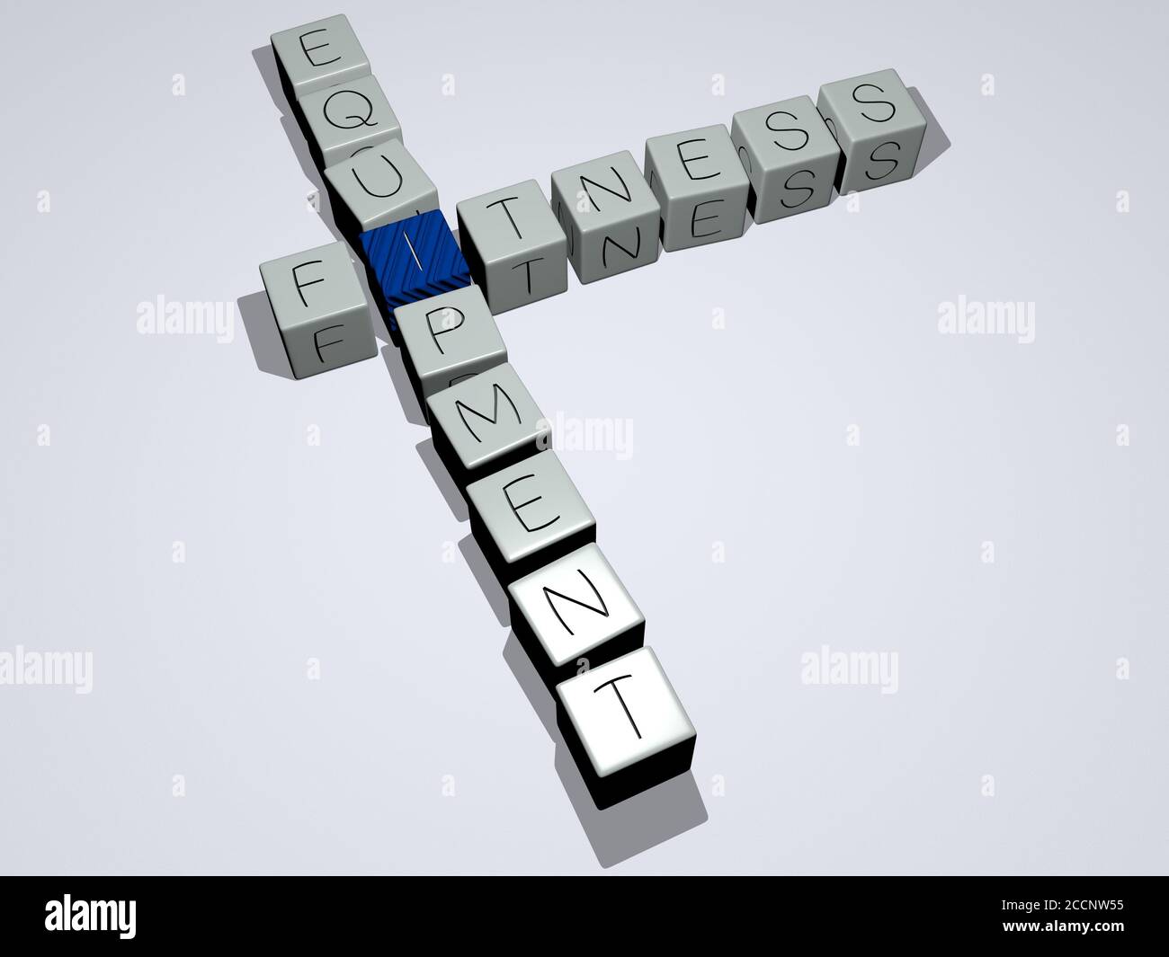 fitness equipment crossword by cubic dice letters, 3D illustration