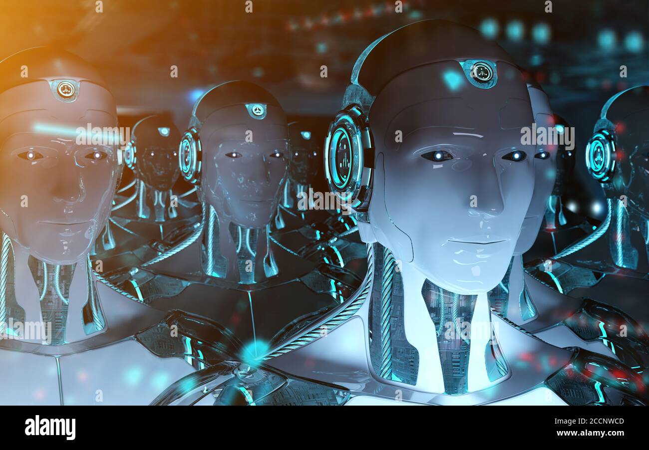 Group of male robots following leader cyborg army concept 3d rendering Stock Photo