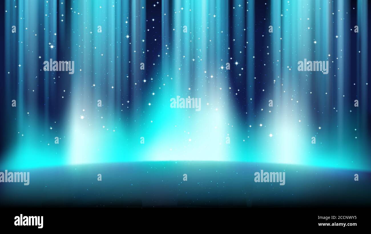 Empty blue stage with a dark background, illuminated by bright ...