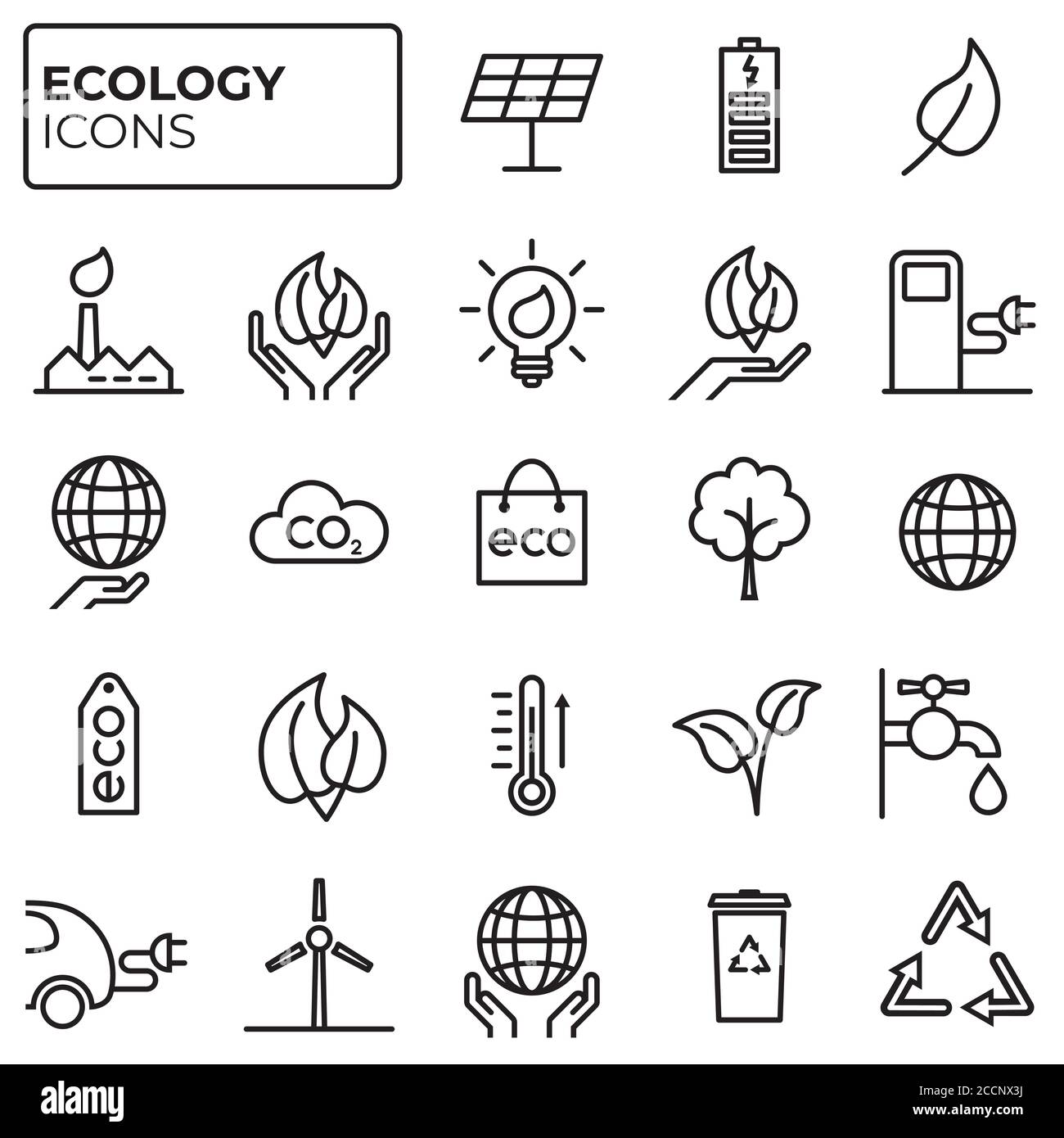 Ecology icons set. Environment protection. Alternative renewable energy. Global warming. Decarbonation. Eco friendly linear sign collection. Vector sy Stock Vector