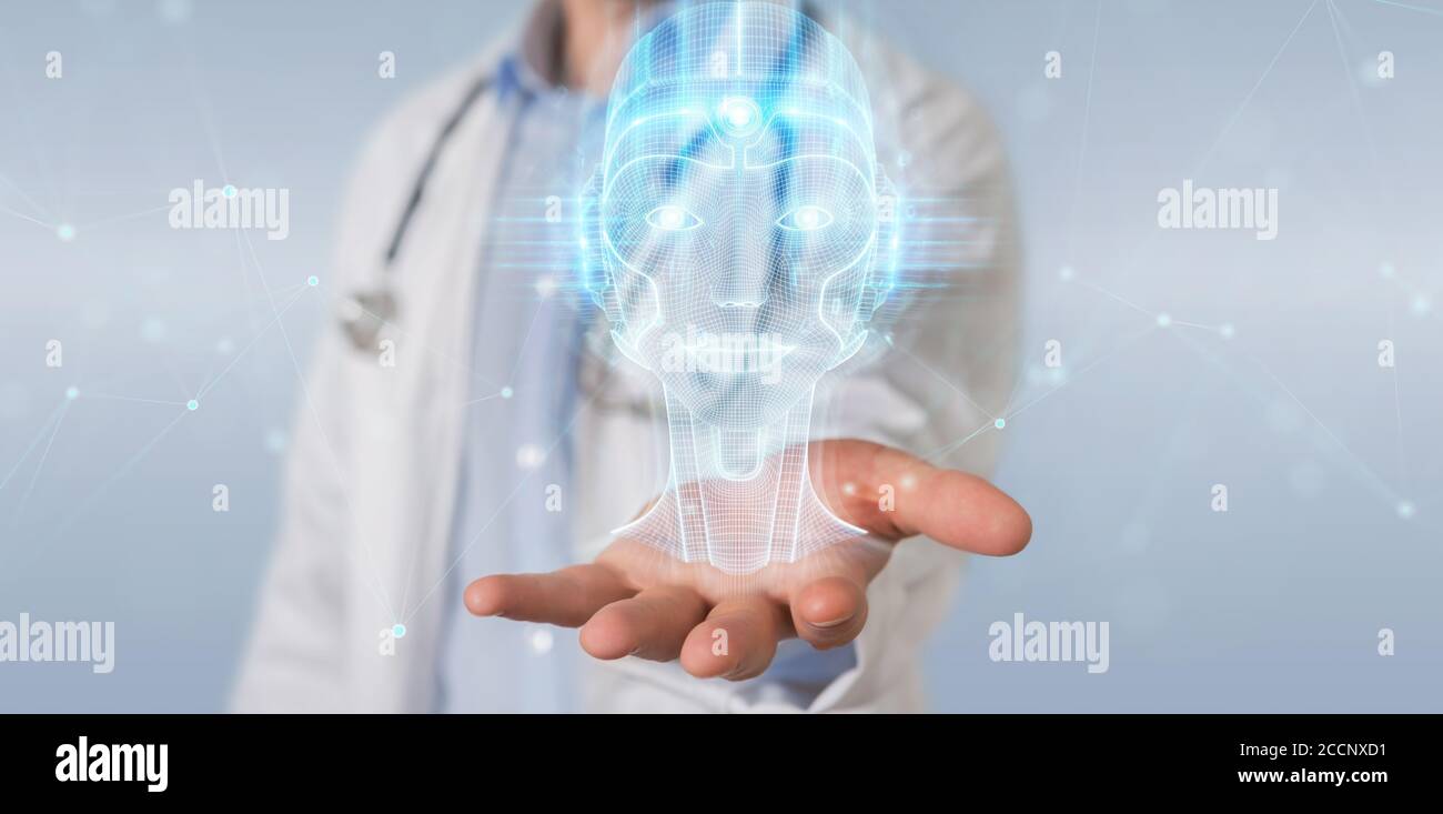 Doctor on blurred background using digital artificial intelligence head interface 3D rendering Stock Photo