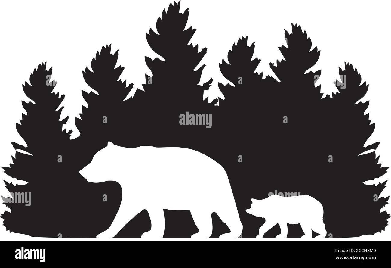 vector illustration of mama bear and baby bear with forest silhouette. animals, wilderness silhouette. animal silhouette. Stock Vector
