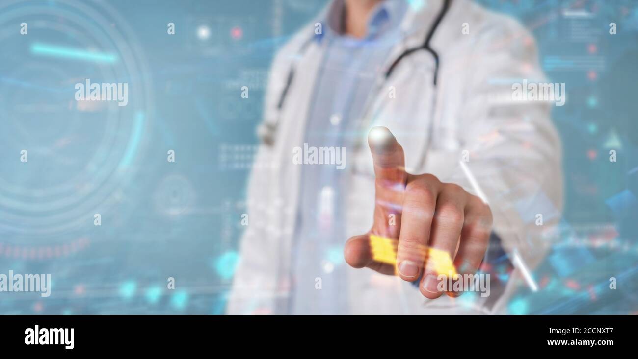 Scientist on blurred background using digital technological interface with datas 3D rendering Stock Photo