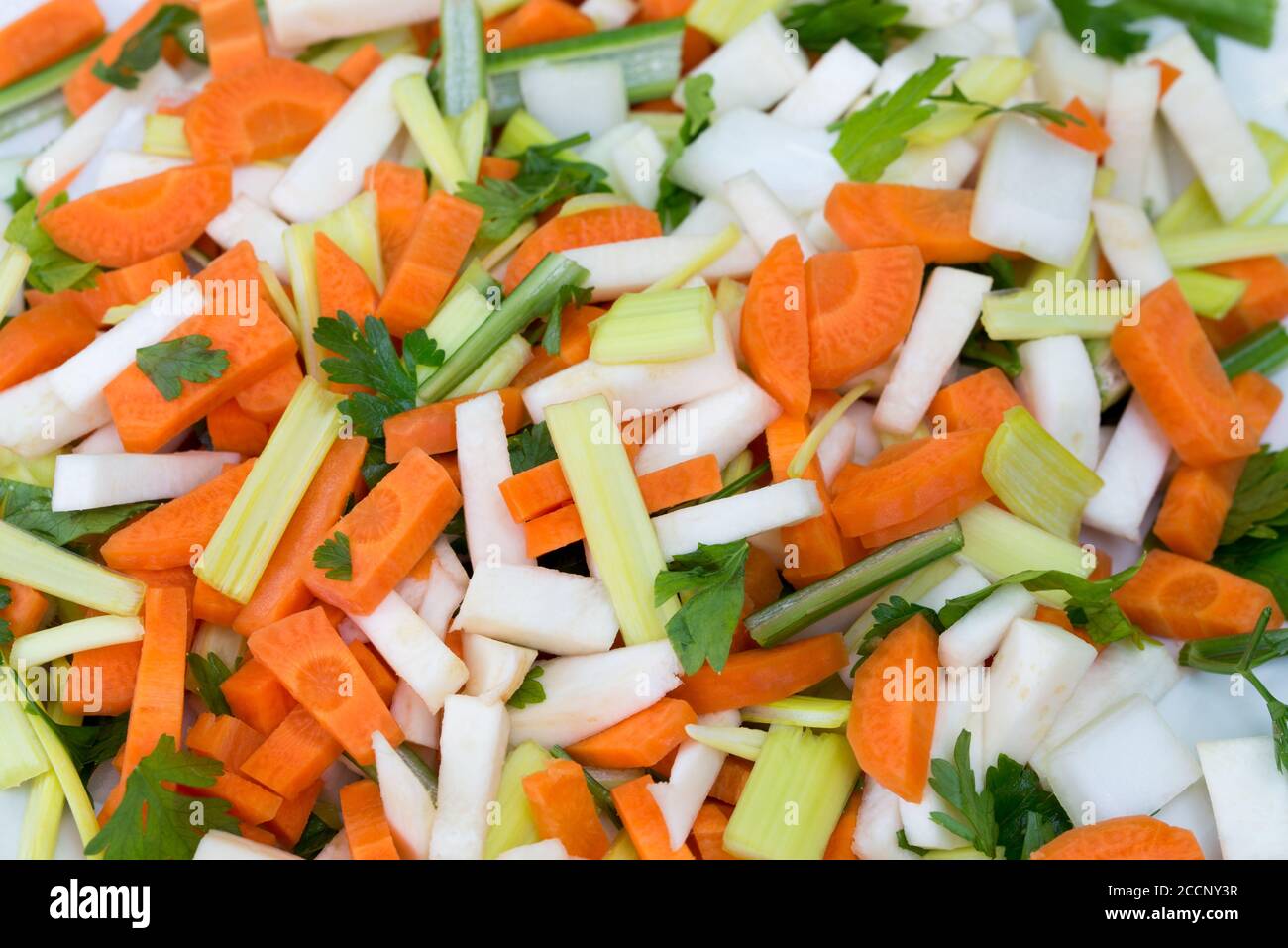 raw vegetable pieces for vegetarian soup on plate Stock Photo