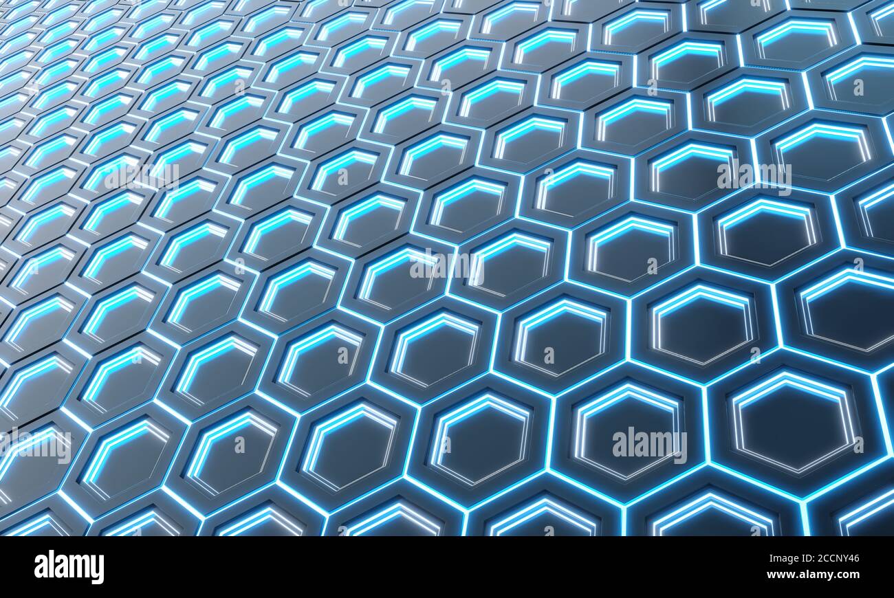 Glowing black and blue abstract hexagons background pattern on silver ...