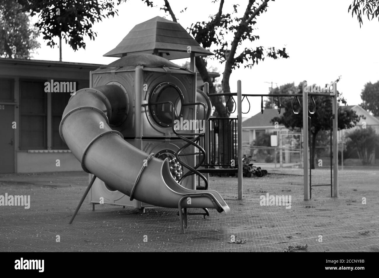 School yards are empty in Reseda, California (Los Angeles) as the Covid19 Coronavirus Pandemic continues to keep kids learning at home. Stock Photo