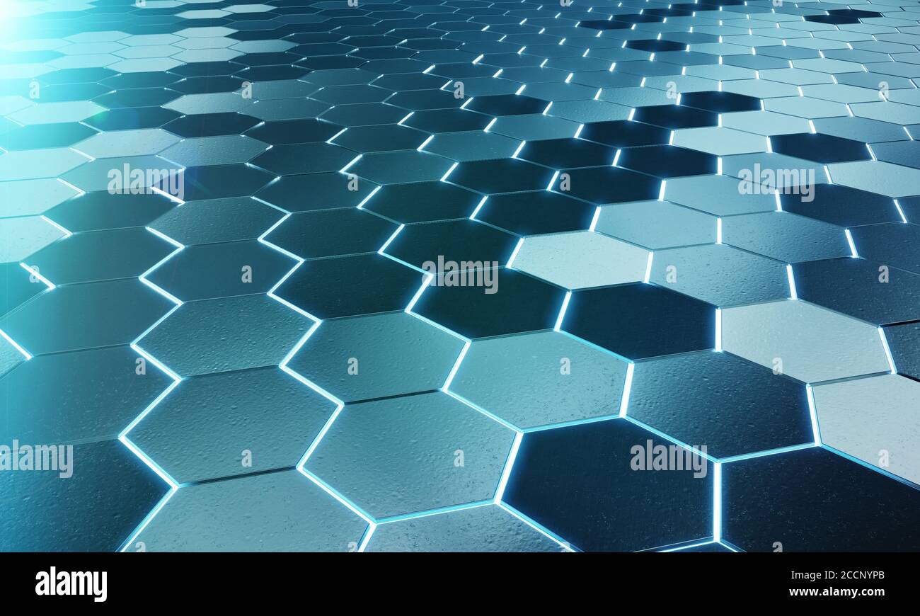 Glowing black and blue abstract hexagons background pattern on silver ...