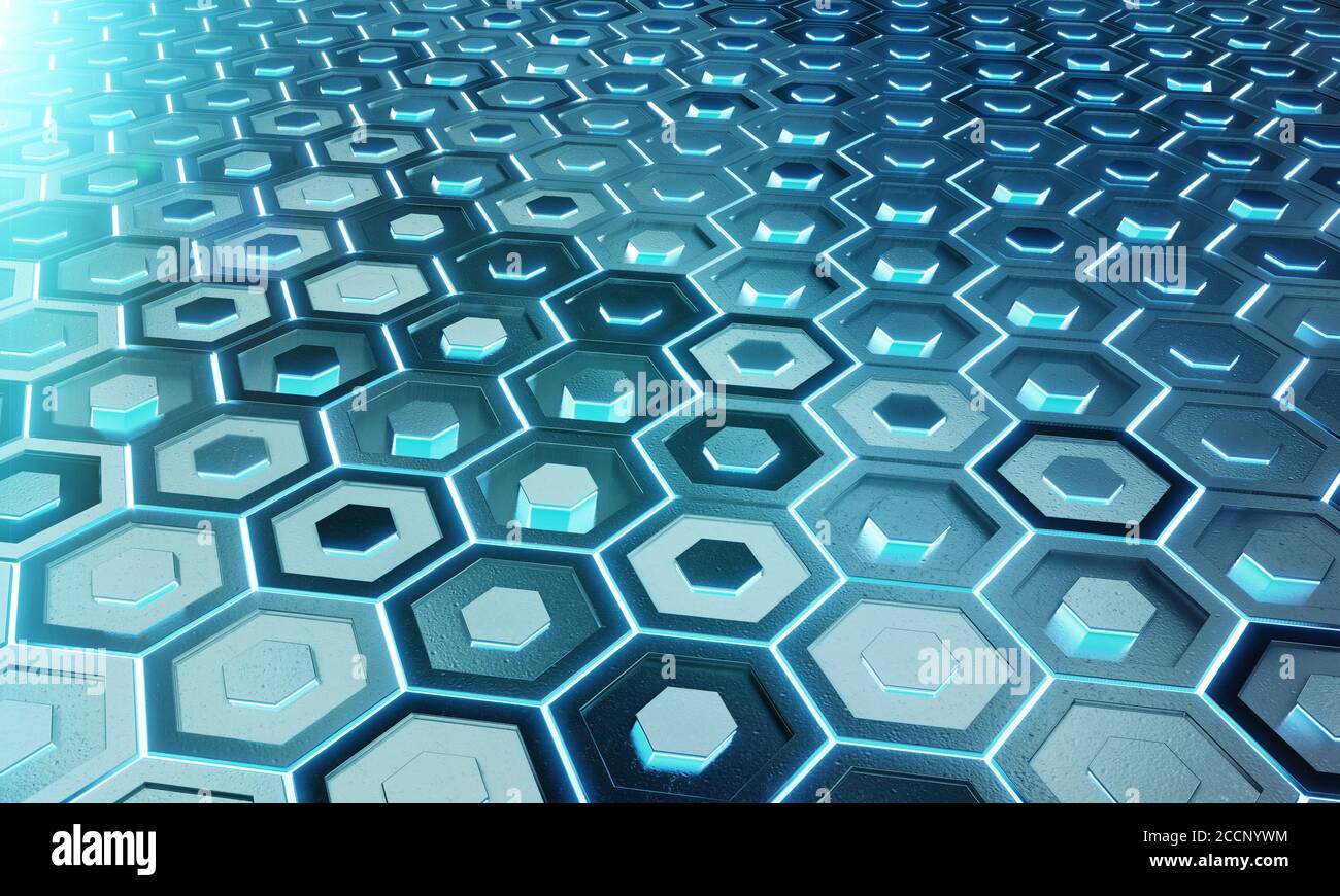 Glowing black and blue abstract hexagons background pattern on silver metal surface 3D rendering Stock Photo