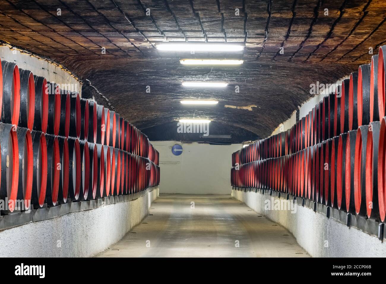 Wine barrels inside the undeground tunnels of a famouse Cricova winery in Moldova Stock Photo