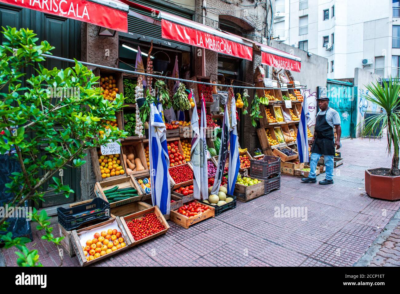 A market with fresh fruits and vegetable on the streets of the Old City area of Montevideo, Uruguay Stock Photo