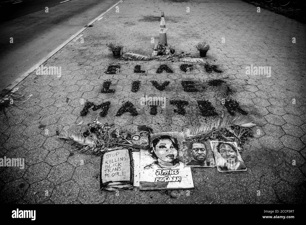 Black Lives Matter Memorial created from ash remnants of NYPD police van set on fire May 29 2020, Fort Greene Park, in Brooklyn, New York. Stock Photo