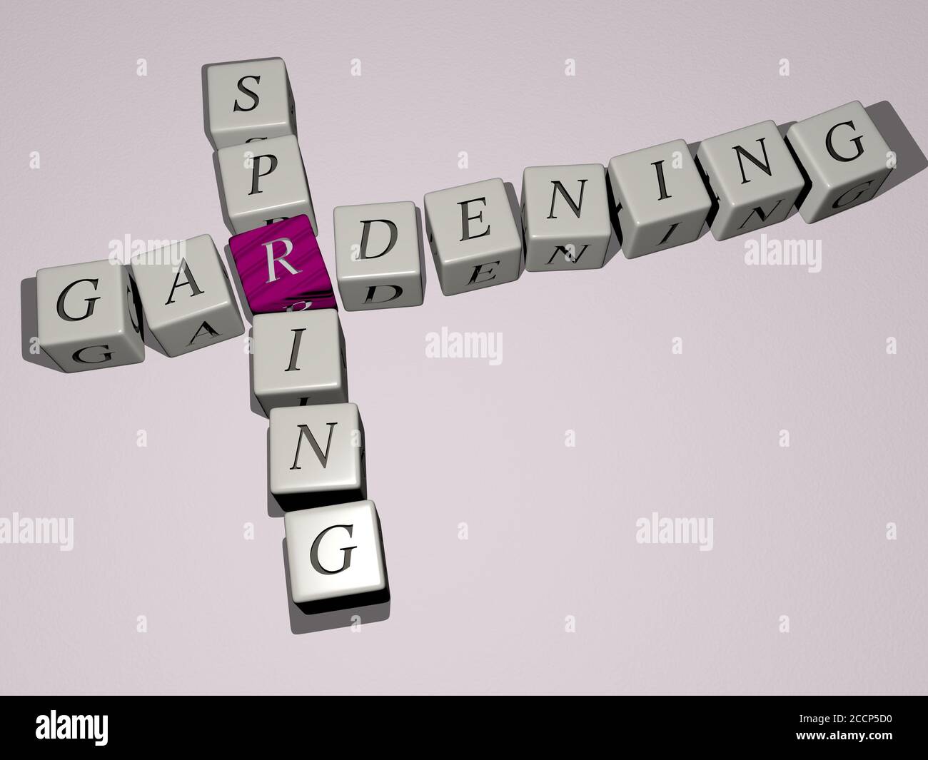 gardening spring crossword by cubic dice letters, 3D illustration Stock