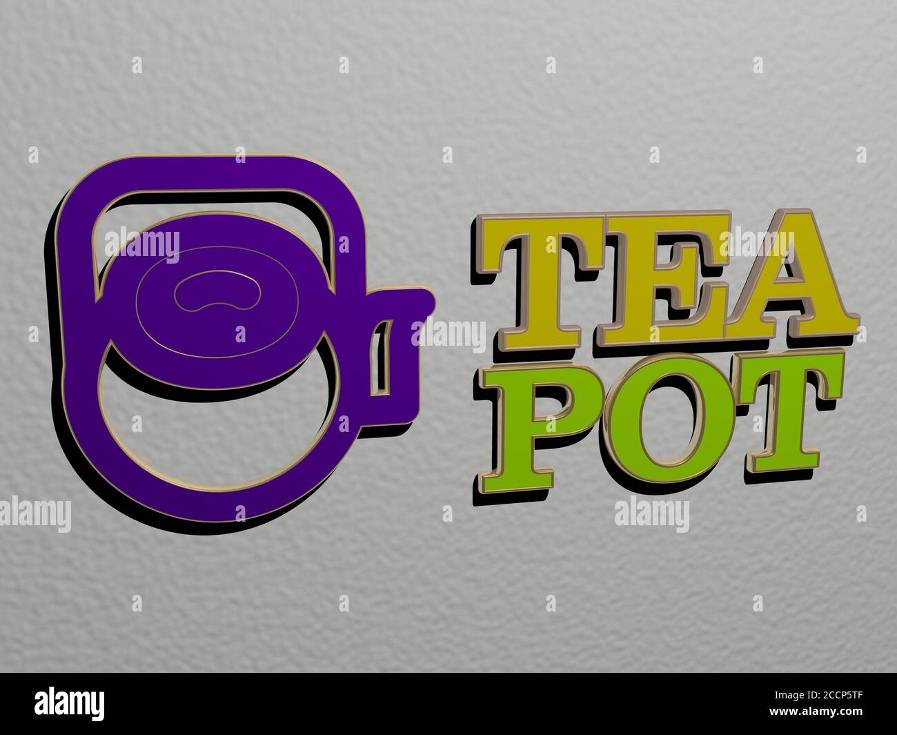 3D representation of TEA POT with icon on the wall and text arranged by ...
