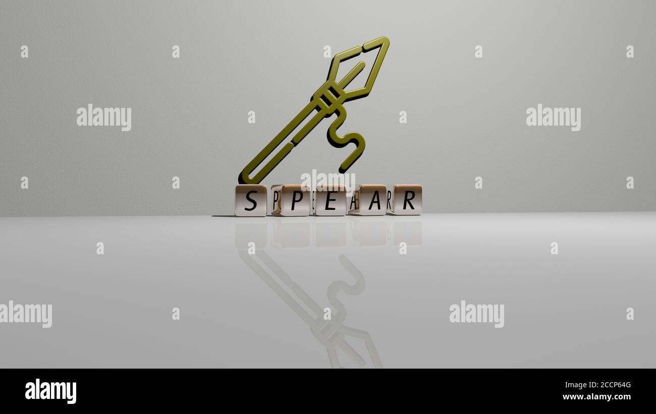 SPEAR text of cubic dice letters on the floor and 3D icon on the wall, 3D illustration Stock Photo