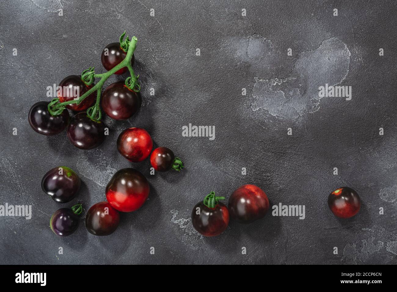 Indigo Rose heirloom cherry tomatoes on the vine atop washed dark ...