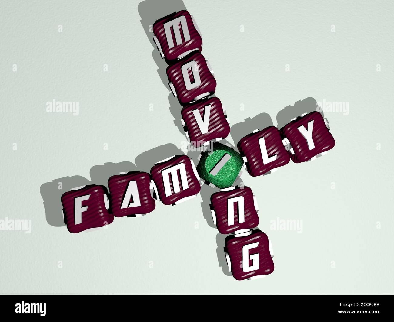FAMILY MOVING crossword of colorful cubic letters, 3D illustration