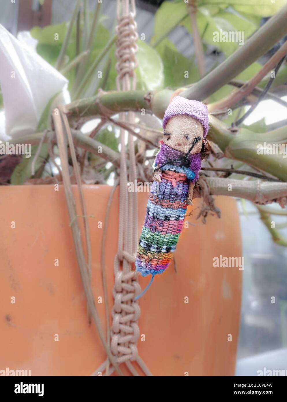 Little colorful handmade fabric doll that was hanged on a plant. Stock Photo