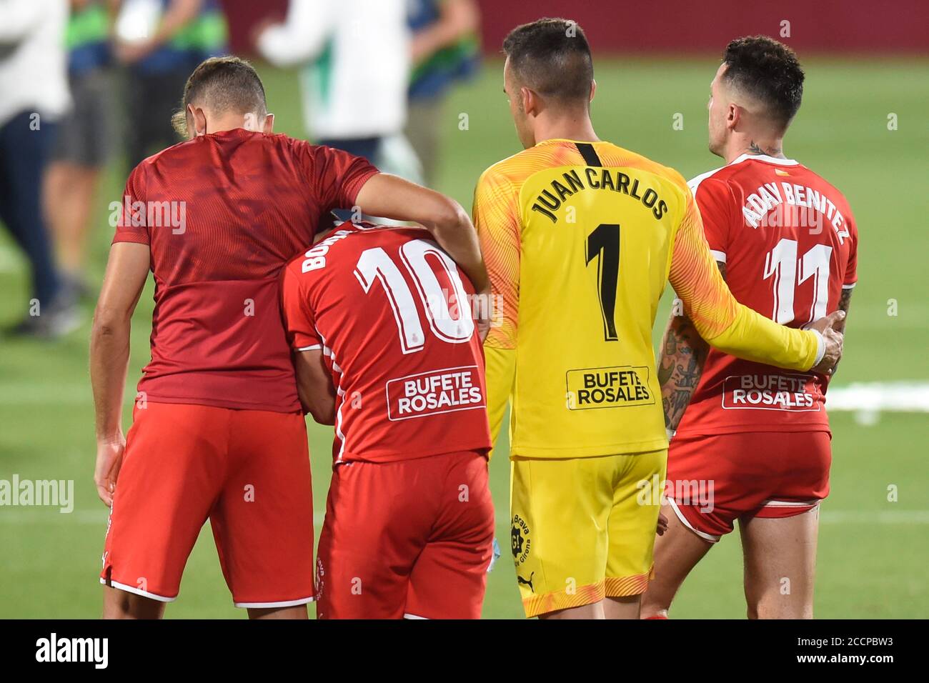 Cristhian Stuani, Borja Garcia, Juan Carlos Mart'n and Aday Benitez of Girona CF at full time during the La Liga Smartbank, play off LaLiga Santander match between Girona FC and Elche CF at Montivili Stadium on August 23, 2020 in Girona, Spain. (Photo by Bagu Blanco/PRESSINPHOTO) Credit: Pro Shots/Alamy Live News Stock Photo