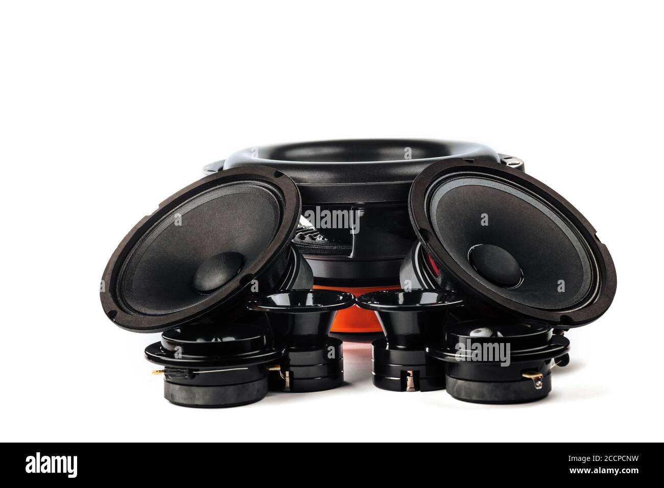 Car audio, car speakers, black subwoofer on a white background. Copy
