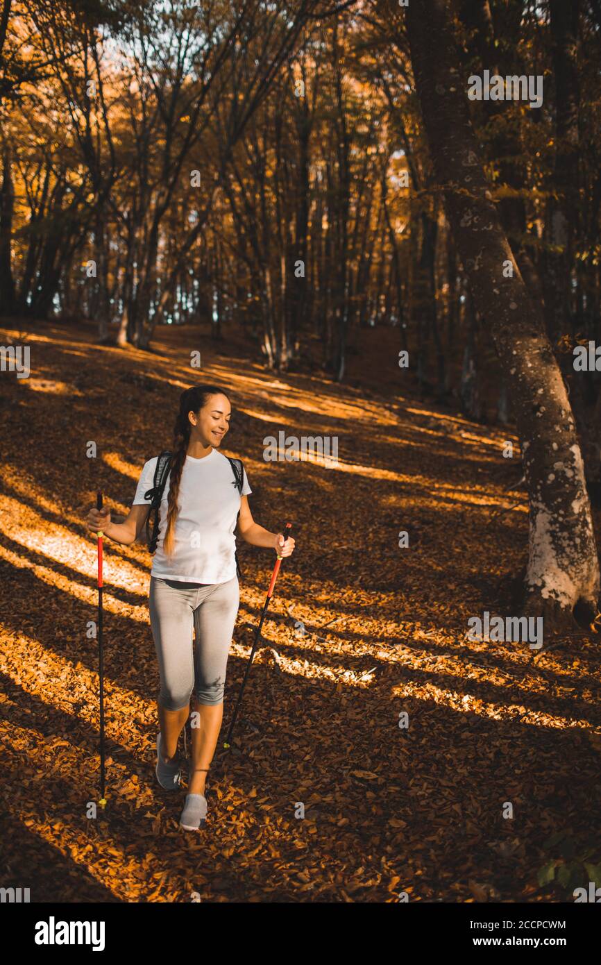 Pregnant woman nordic walking in autumn forest with backpack and trekking sticks. Healthy and active lifestyle in maternity time. Pregnancy exercises for wellness. Stock Photo