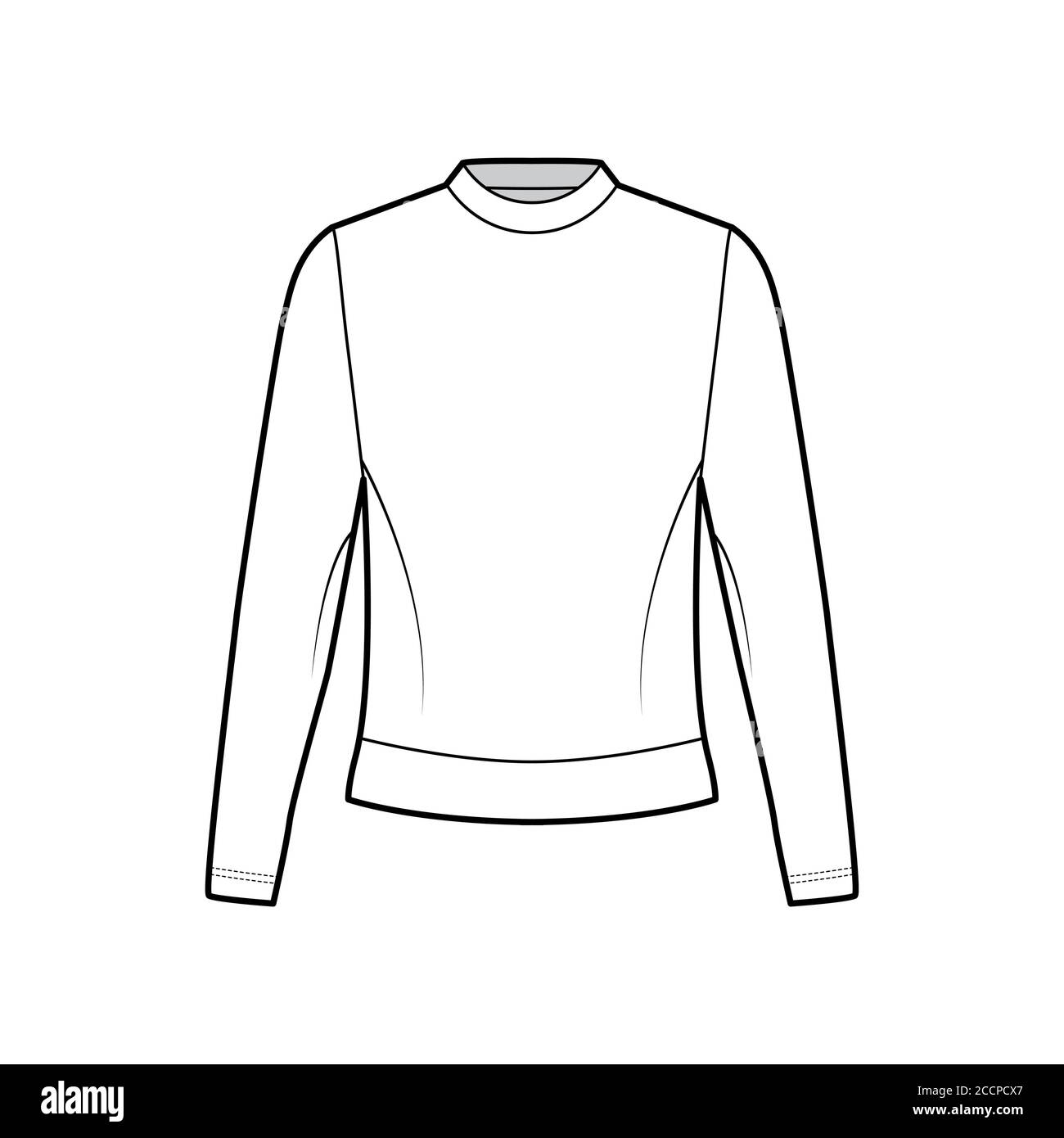 Cotton-terry sweatshirt technical fashion illustration with crew neckline, long sleeves, oversized. Flat jumper apparel outwear template front white, color. Women, men, unisex top CAD mockup Stock Vector