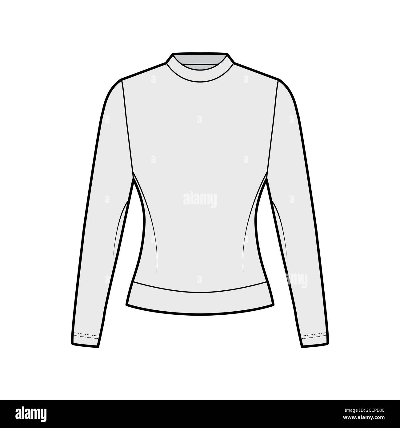 Cotton-terry sweatshirt technical fashion illustration with fitted body, crew neckline, long sleeves. Flat jumper apparel outwear template front,, grey color. Women, men, unisex top CAD mockup Stock Vector