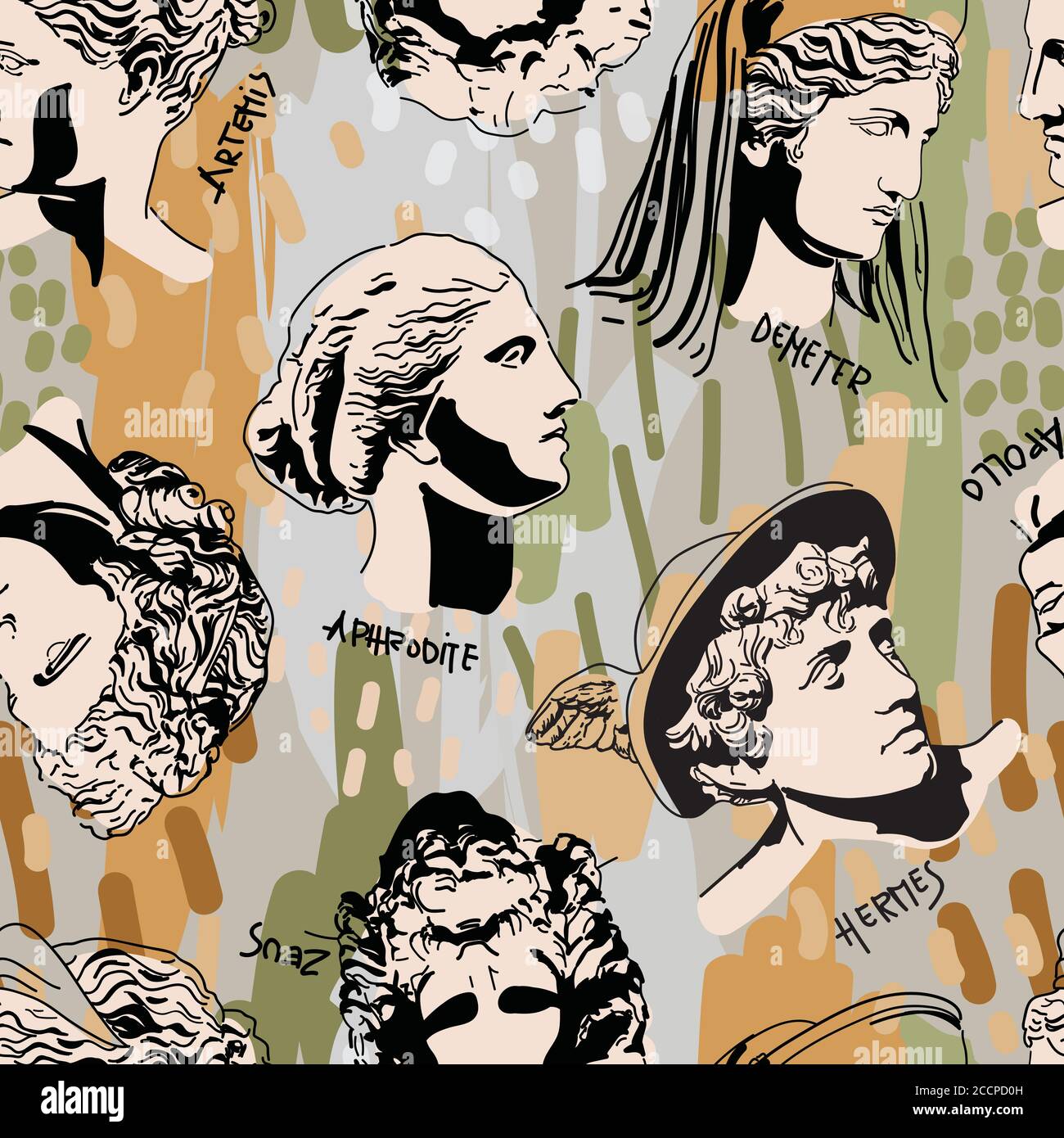 Trending Greek Gods Vector Art Portrait Seamless Pattern. Colorful
