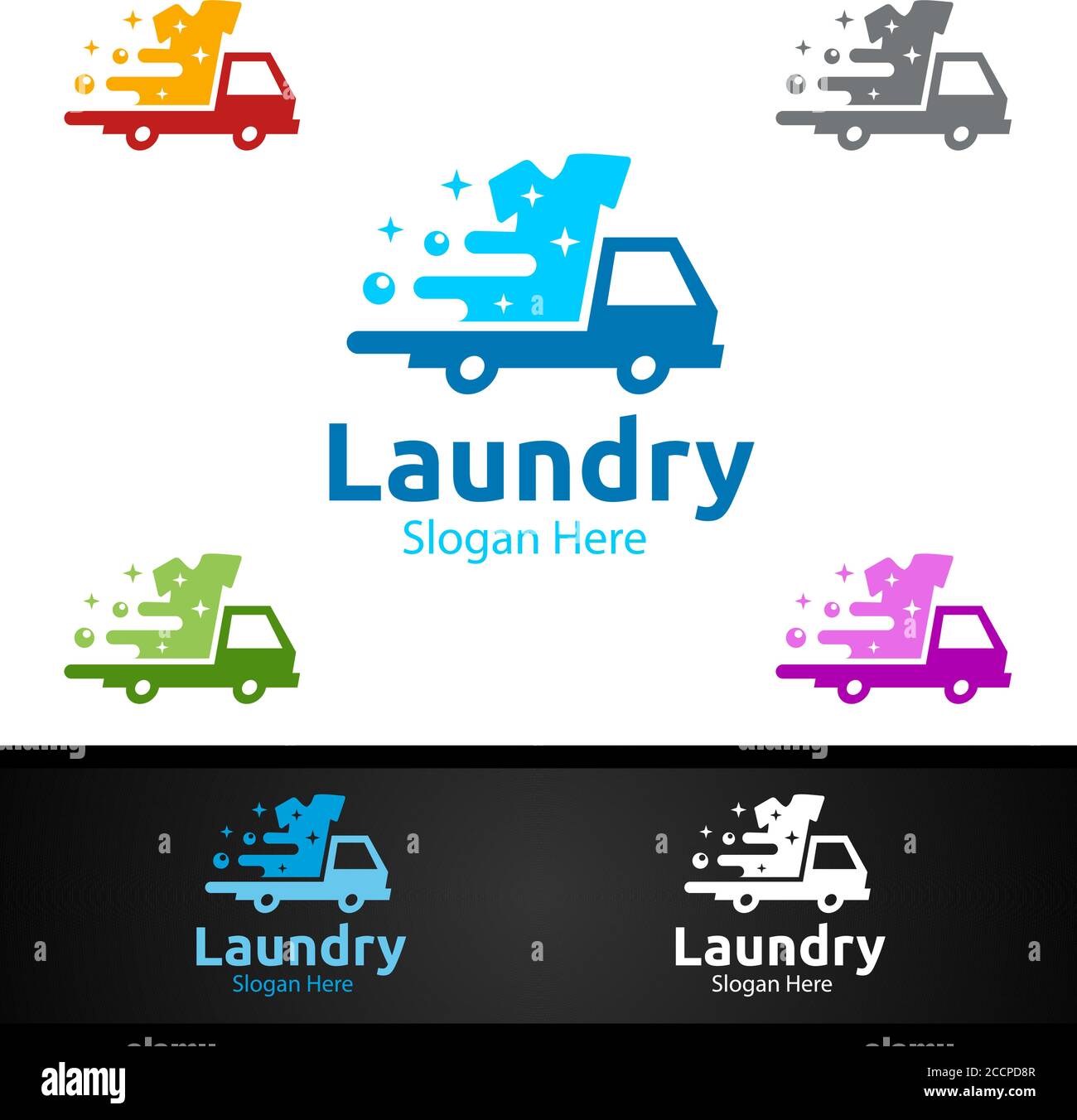 Delivery Laundry Dry Cleaners Logo with Clothes, Water and Washing