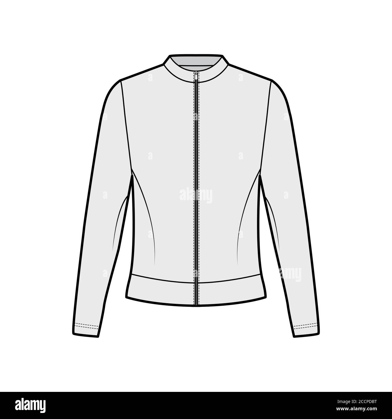 Zip-up cotton-terry sweatshirt technical fashion illustration with crew neckline, long sleeves, oversized. Flat jumper apparel outwear template front, grey color. Women, men, unisex top CAD mockup Stock Vector