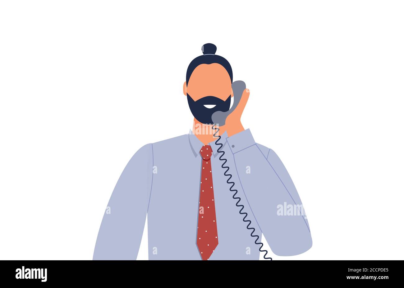 Online support consultant answering questions from consumers by telephone.Hipster young man holding landline phone.Businessman Stock Vector