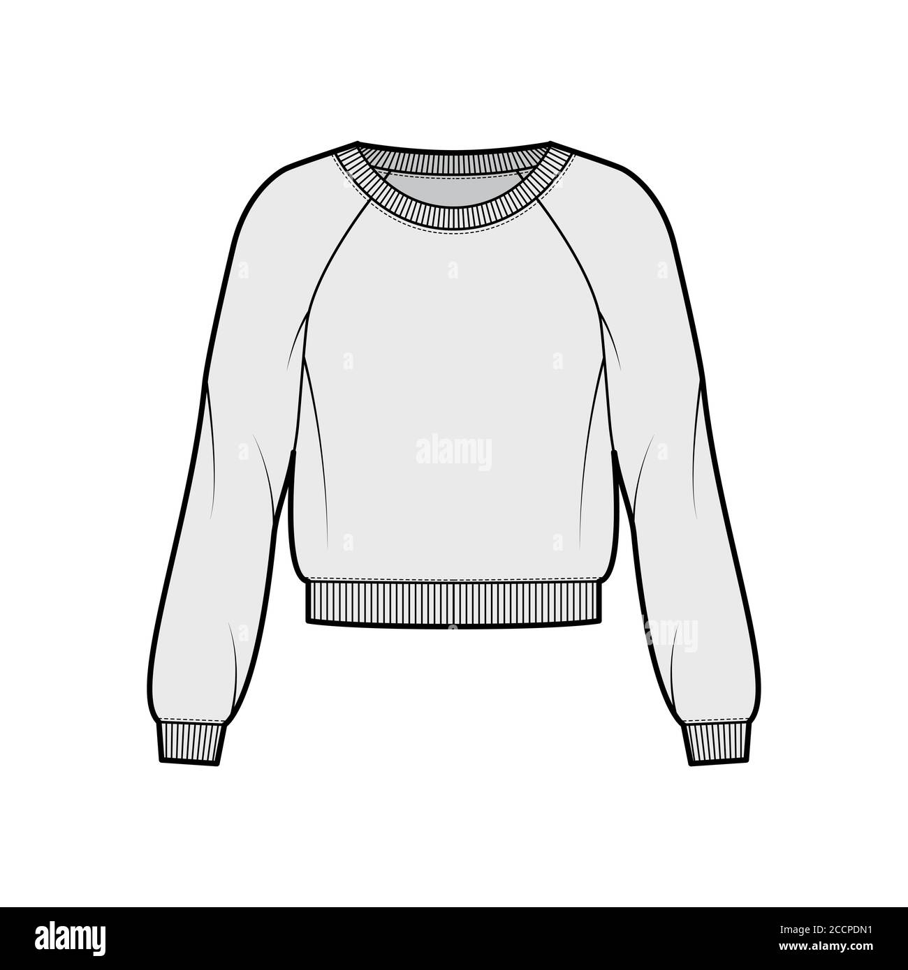 Cotton-terry sweatshirt technical fashion illustration with relaxed fit, scoop neckline, long raglan sleeves, ribbed trims. Flat outwear jumper apparel template front grey color. Women, men unisex top Stock Vector