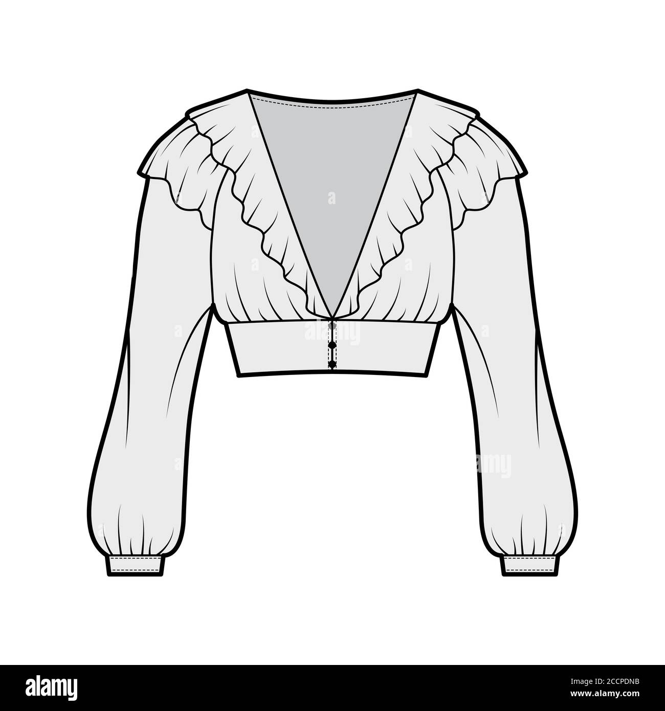 Ruffled cropped blouse technical fashion illustration with long bishop sleeves, puffed shoulders, front button fastenings. Flat apparel top template front grey color. Women men unisex shirt CAD mockup Stock Vector
