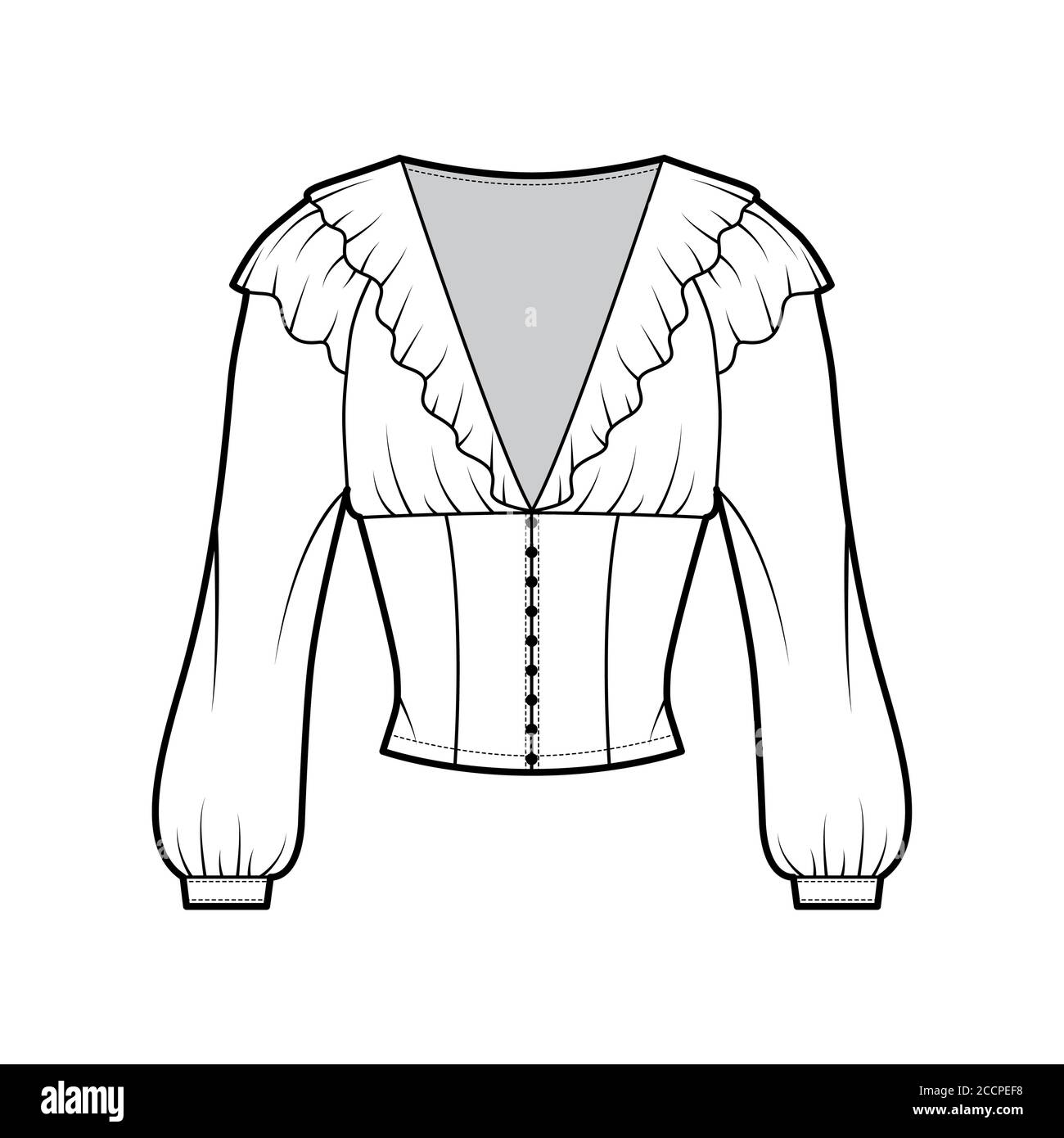 Ruffled cropped blouse technical fashion illustration with long bishop sleeves, puffed shoulders, front button fastenings. Flat apparel top template front, white color. Women men unisex shirt mockup Stock Vector