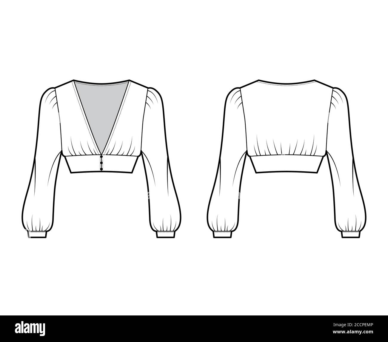 Cropped top technical fashion illustration with long bishop sleeves, puffed shoulders, front button fastenings. Flat apparel shirt template front back white color. Women men, unisex blouse CAD mockup Stock Vector