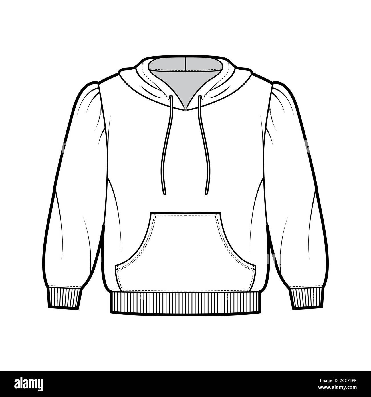 Cropped cotton-jersey hoodie technical fashion illustration with loose fit, puffed shoulders, elbow sleeves, front pocket. Flat jumper template front white color. Women men unisex sweatshirt top Stock Vector