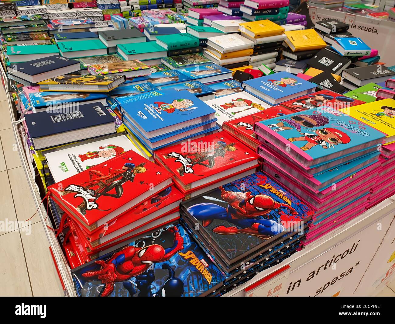 terni.italy august 23 2020:school diaries in store during sales periods Stock Photo