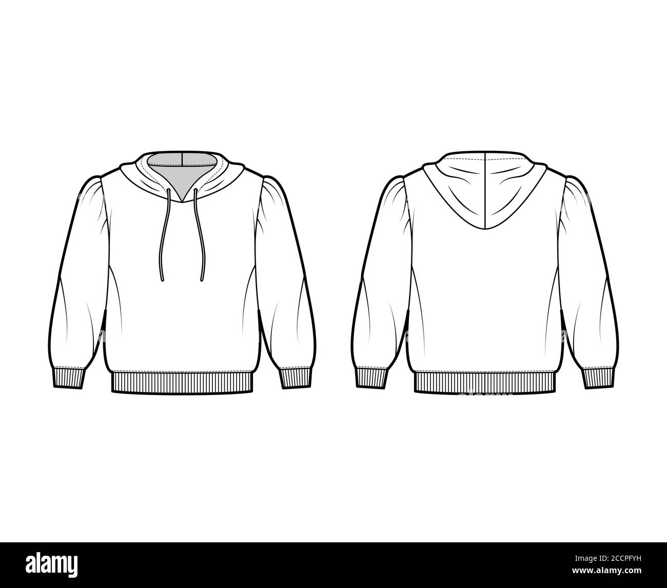 Cropped cotton-jersey hoodie technical fashion illustration with loose fit, puffed shoulders, elbow sleeves, ribbed trims. Flat jumper template front back white color. Women men unisex sweatshirt top Stock Vector