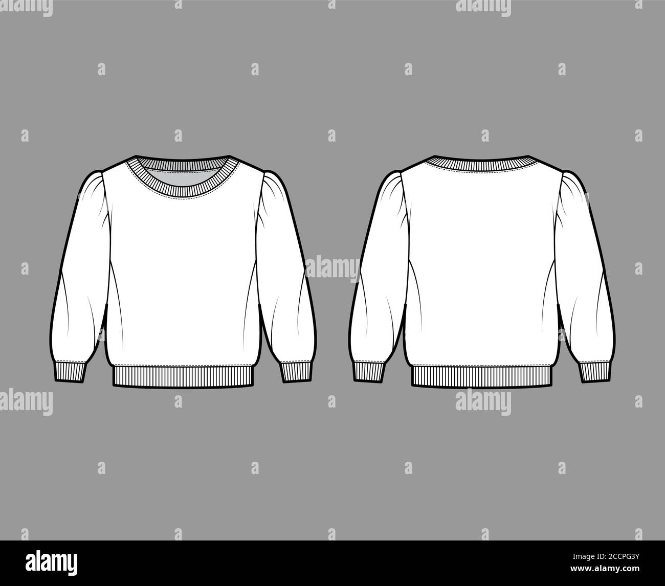 Cropped cotton-terry sweatshirt technical fashion illustration with scoop neckline, puffed shoulders, elbow sleeves. Flat outwear jumper apparel template front back white color. Women, men unisex top Stock Vector