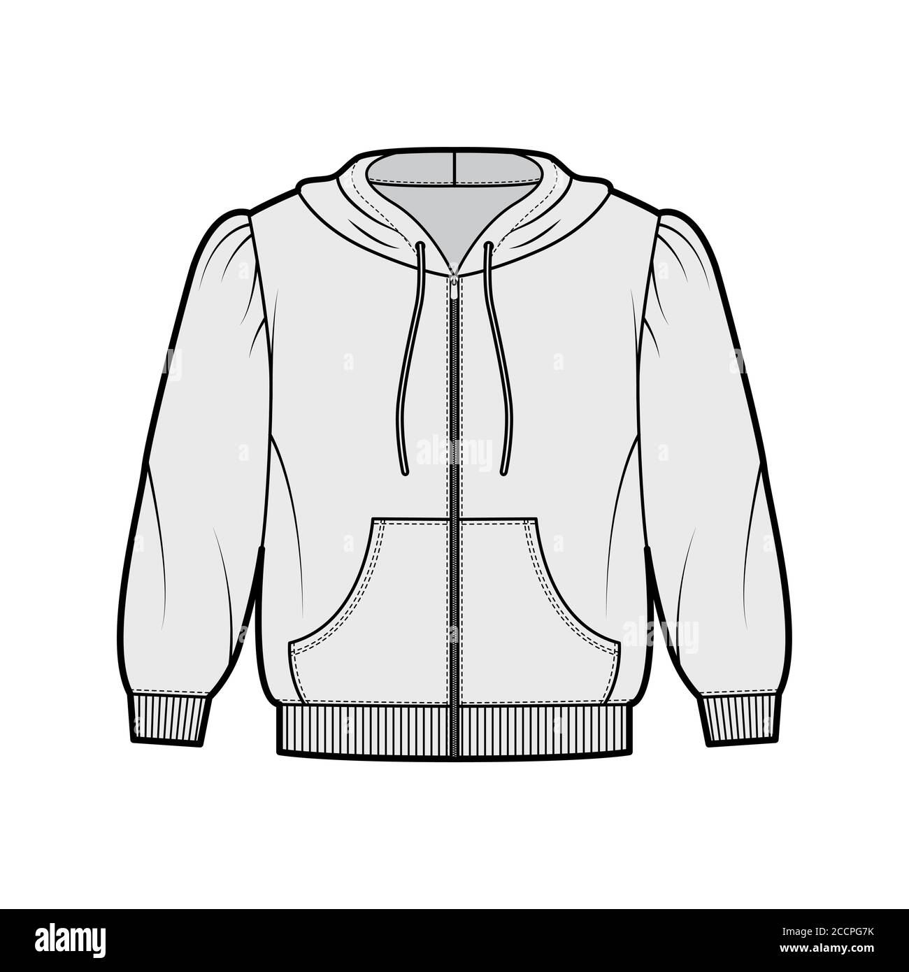 Zip-up cropped cotton-jersey hoodie technical fashion illustration with puffed shoulders, elbow sleeves, front pocket. Flat jumper apparel template front grey color. Women men unisex sweatshirt top Stock Vector