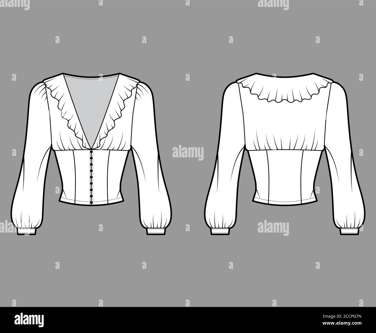 Ruffled cropped blouse technical fashion illustration with long bishop sleeves, puffed shoulders, front button fastenings. Flat apparel top template front, back white color. Women men unisex shirt CAD Stock Vector