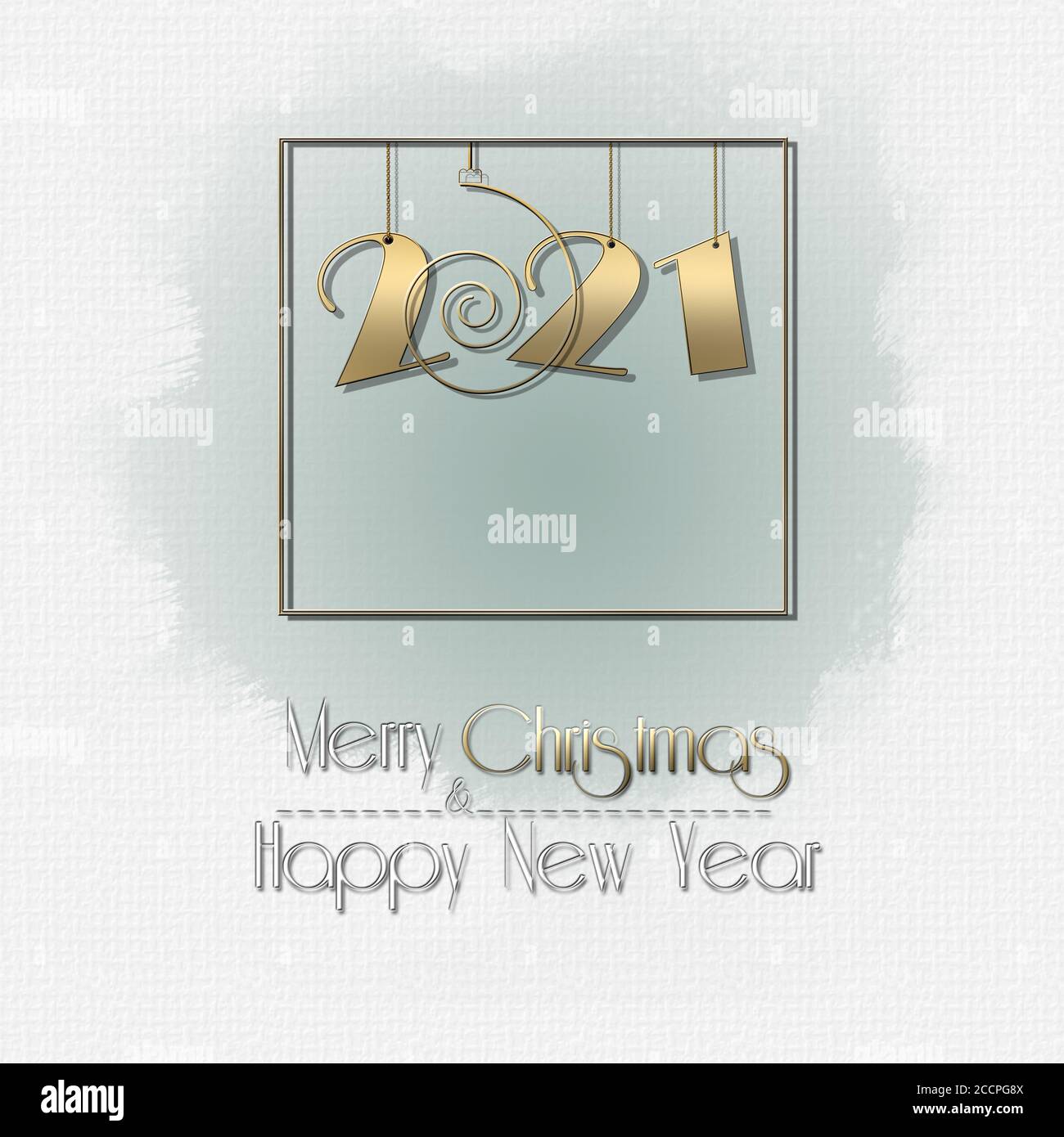 Luxury minimalist Happy New 2021 Year design with hanging gold 2021 digit on white background and text Merry Christmas Happy New Year. Mock up, Copy space, greeting card. 3D illustration Stock Photo