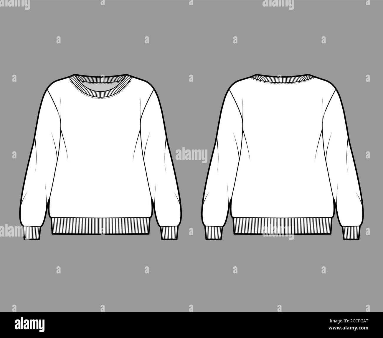 Oversized cotton-terry sweatshirt technical fashion illustration with crew neckline, long sleeves, ribbed trims. Flat outwear jumper apparel template front back white color. Women, men unisex top CAD Stock Vector