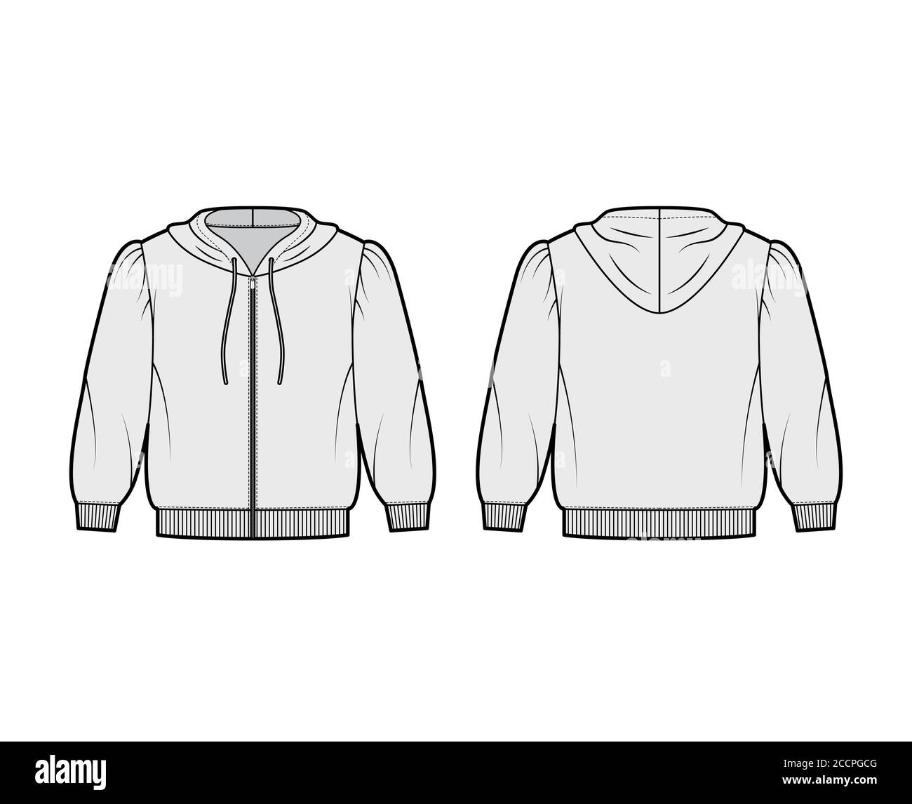 Zip-up cropped cotton-jersey hoodie technical fashion illustration with puffed shoulders, elbow sleeves, ribbed trims. Flat jumper template front back grey color. Women men unisex sweatshirt top Stock Vector